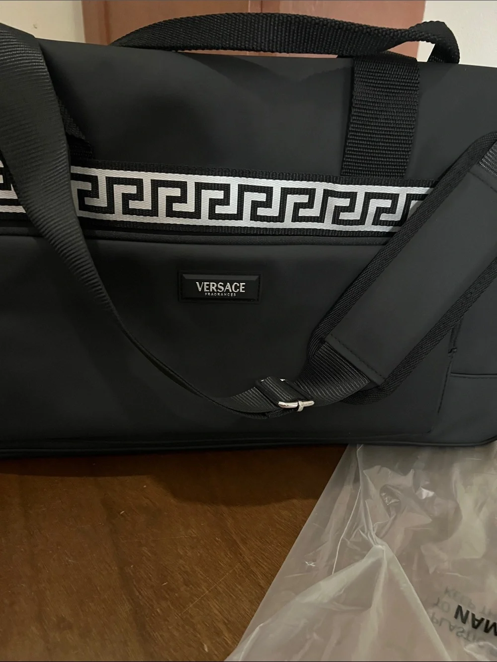 Versace Black Nylon Duffel with Greek Key Trim